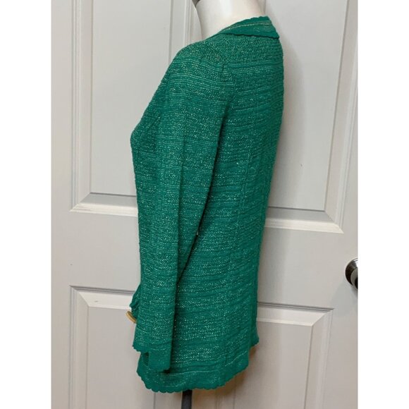 Manouch Pauline Teal Green & Metallic Gold Ruffle Cardigan, Size M - Picture 4 of 11